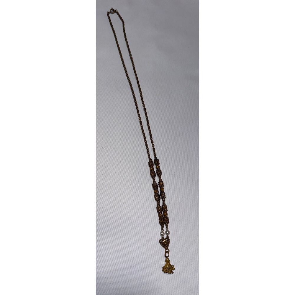 Vtg West Germany Brass Filigree Heart Tassel Necklace Faux Pearl Antique‎ Gold